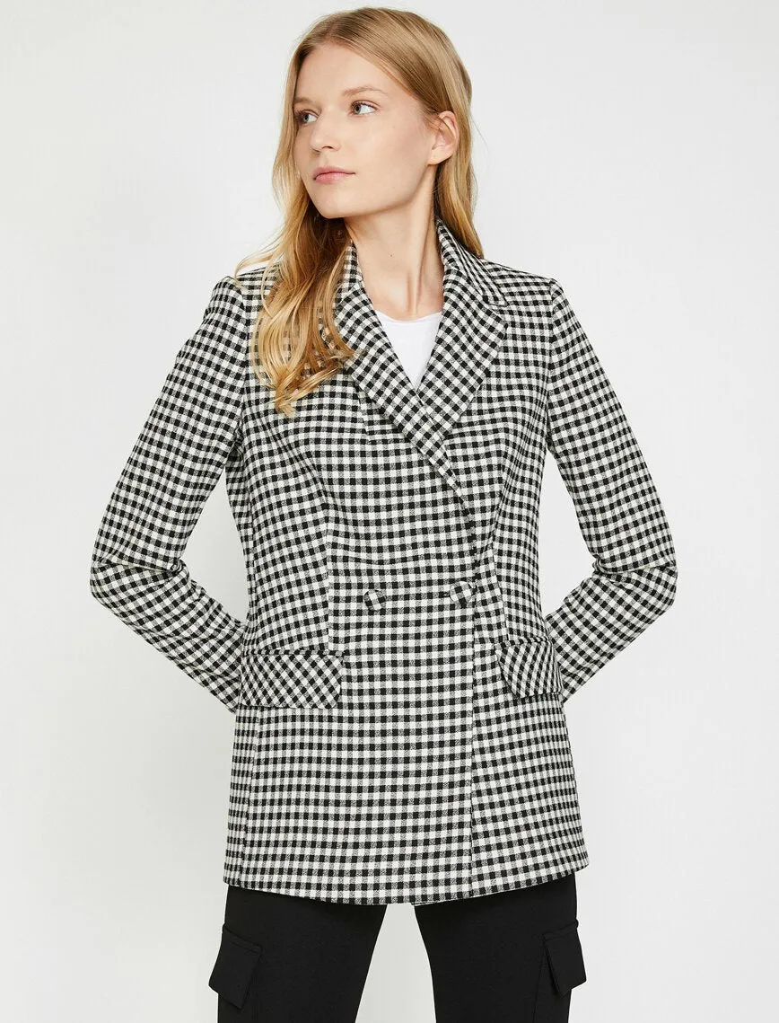 14921 Black Fabric Button Plaid Jacket