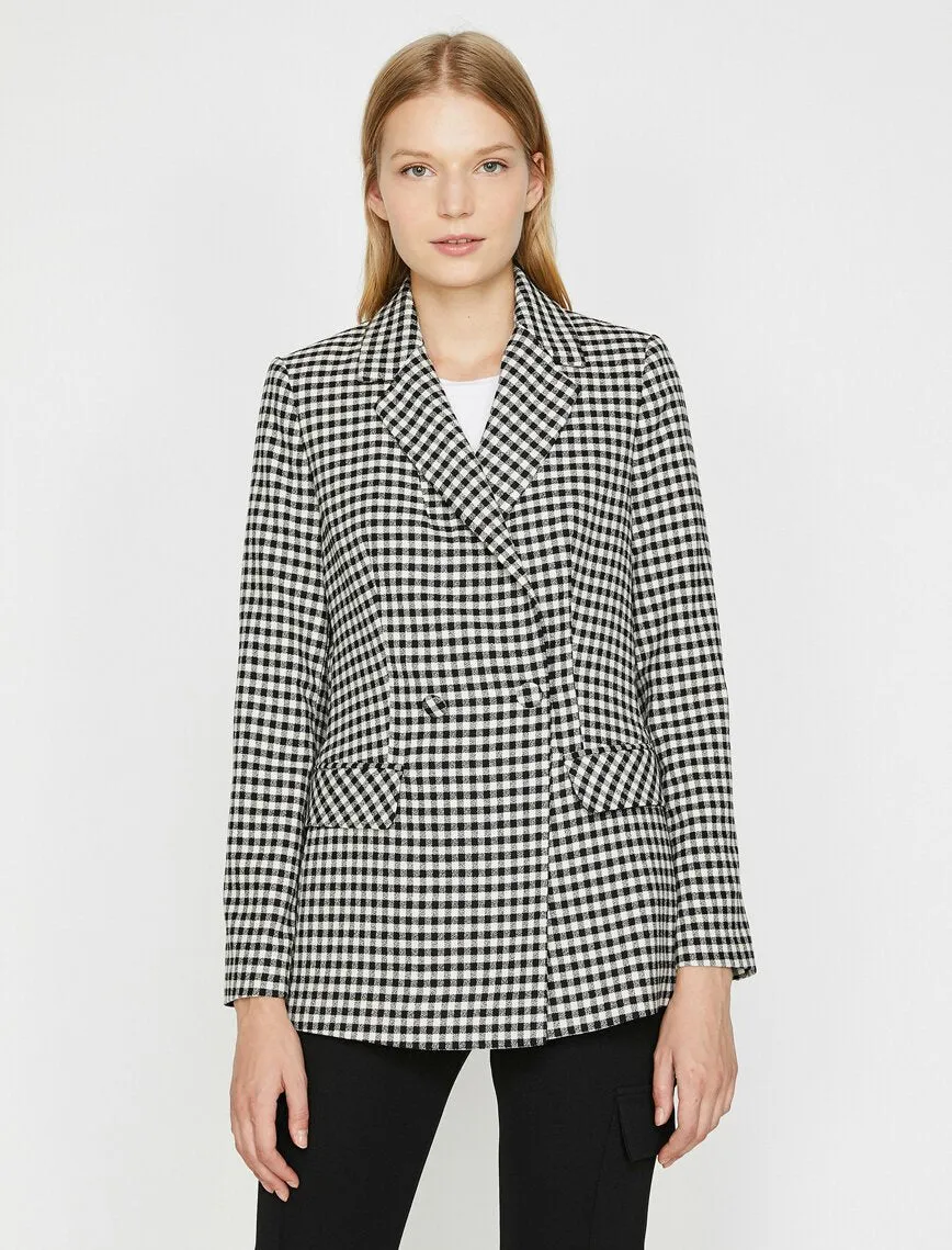 14921 Black Fabric Button Plaid Jacket