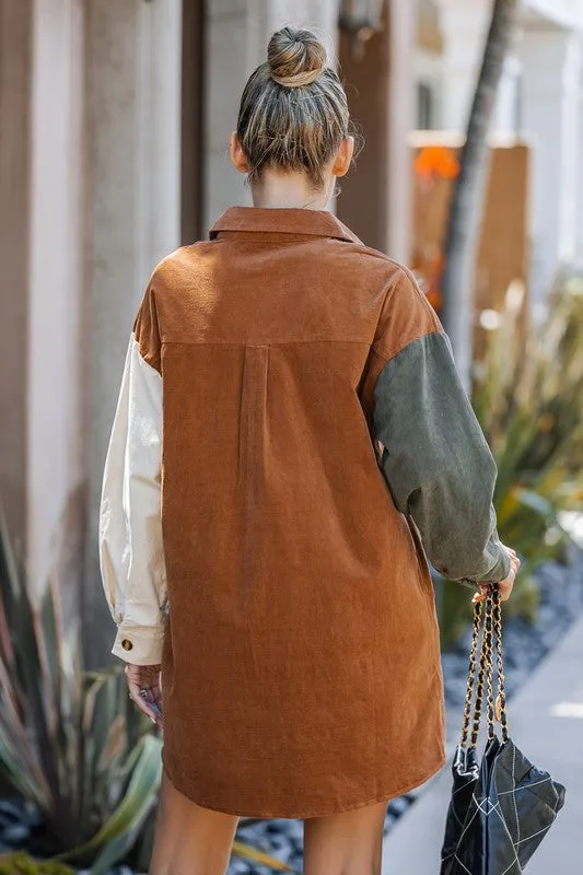 Adobe Corduroy Color Block Shirt Dress W/Pockets