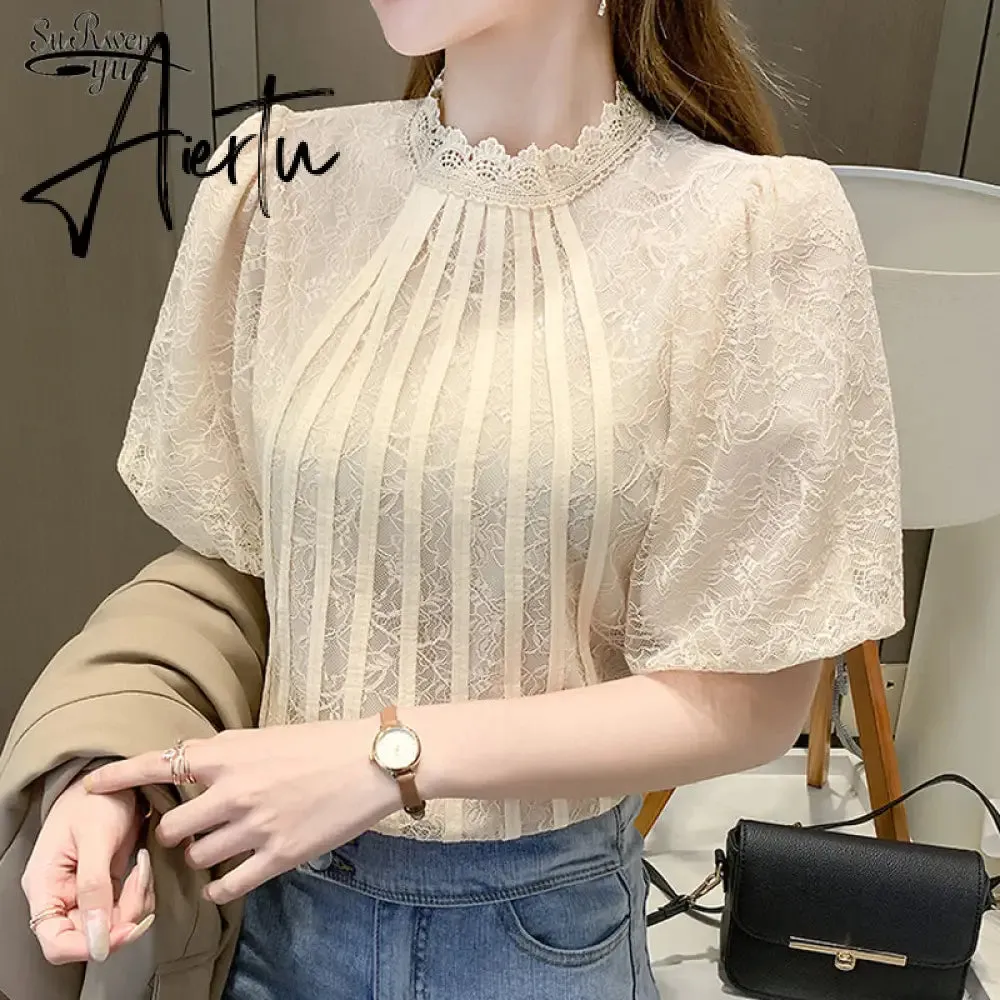 Aiertu  Summer Shirt Korean Style Wild Lace Shirt Women Square Collar Short Sleeve Hollow Out Vintage Elegant Blouse Blusas 13934