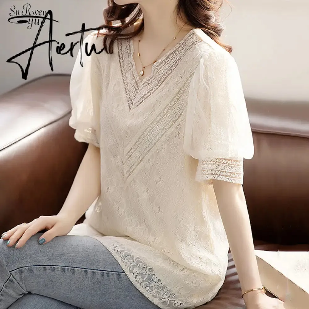 Aiertu  Summer Shirt Korean Style Wild Lace Shirt Women Square Collar Short Sleeve Hollow Out Vintage Elegant Blouse Blusas 13934