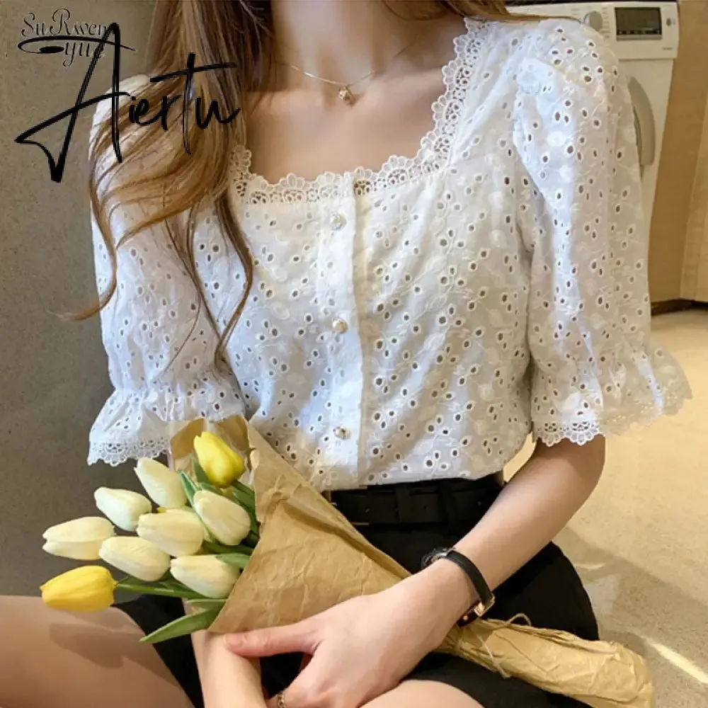 Aiertu  Summer Shirt Korean Style Wild Lace Shirt Women Square Collar Short Sleeve Hollow Out Vintage Elegant Blouse Blusas 13934