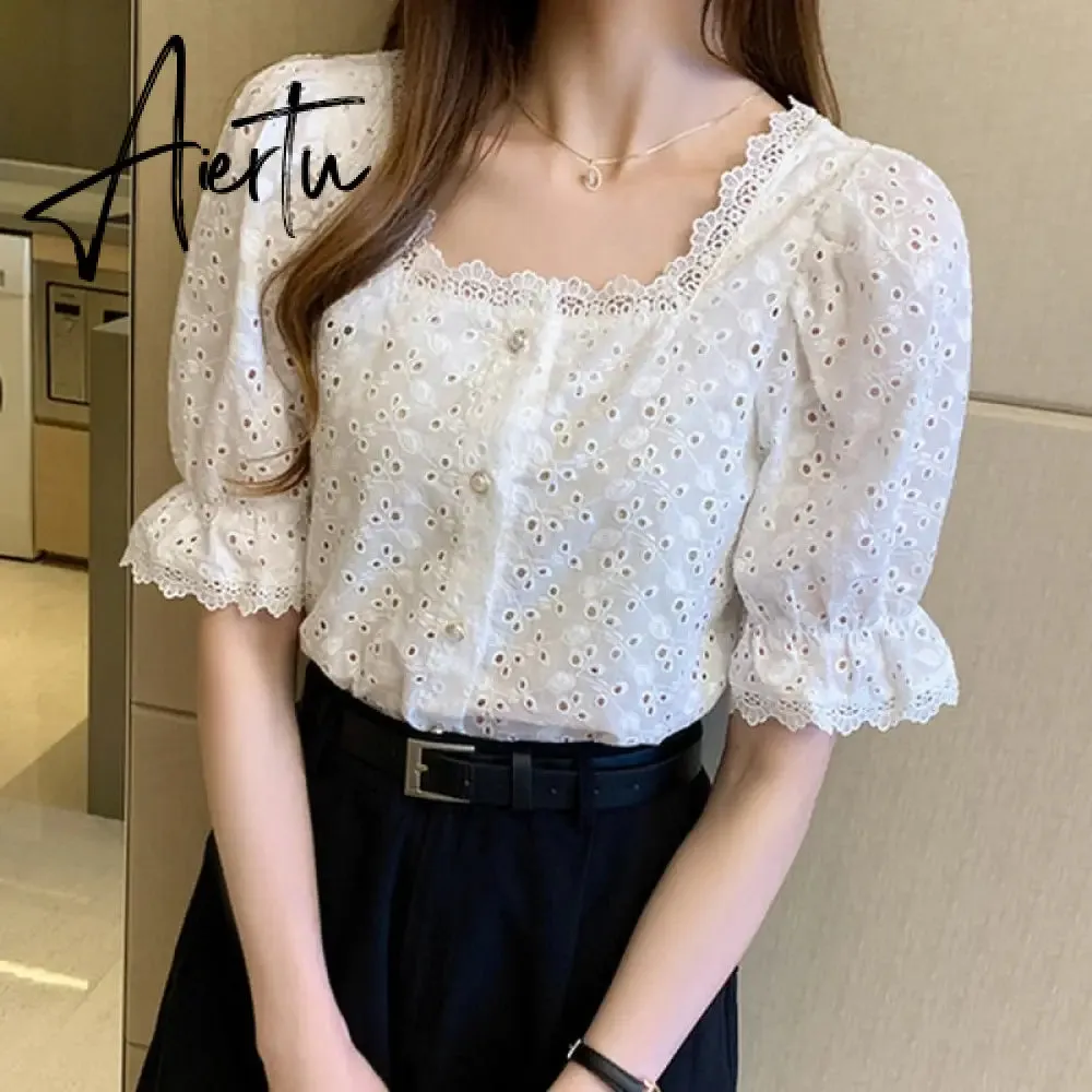 Aiertu  Summer Shirt Korean Style Wild Lace Shirt Women Square Collar Short Sleeve Hollow Out Vintage Elegant Blouse Blusas 13934