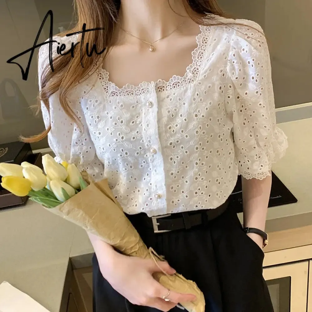 Aiertu  Summer Shirt Korean Style Wild Lace Shirt Women Square Collar Short Sleeve Hollow Out Vintage Elegant Blouse Blusas 13934