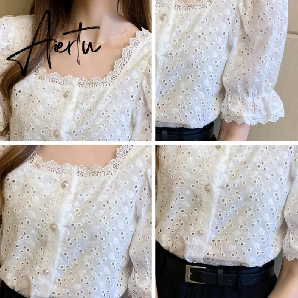 Aiertu  Summer Shirt Korean Style Wild Lace Shirt Women Square Collar Short Sleeve Hollow Out Vintage Elegant Blouse Blusas 13934