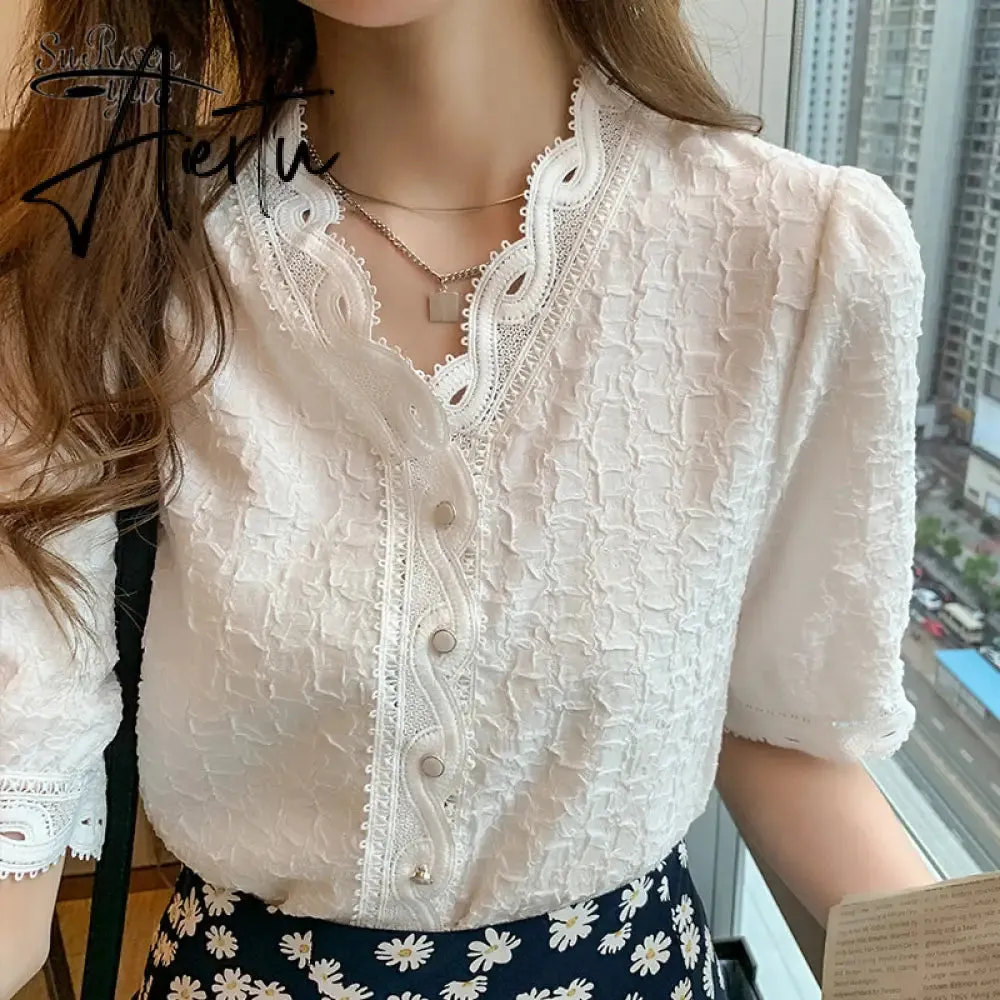 Aiertu  Summer Shirt Korean Style Wild Lace Shirt Women Square Collar Short Sleeve Hollow Out Vintage Elegant Blouse Blusas 13934