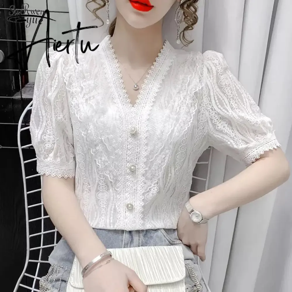 Aiertu  Summer Shirt Korean Style Wild Lace Shirt Women Square Collar Short Sleeve Hollow Out Vintage Elegant Blouse Blusas 13934