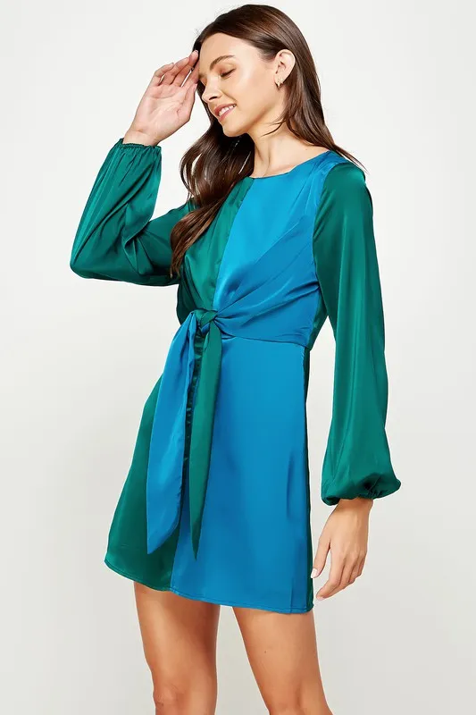 Alpine Green/Deep Color Block Front Tie Satin Mini Dress