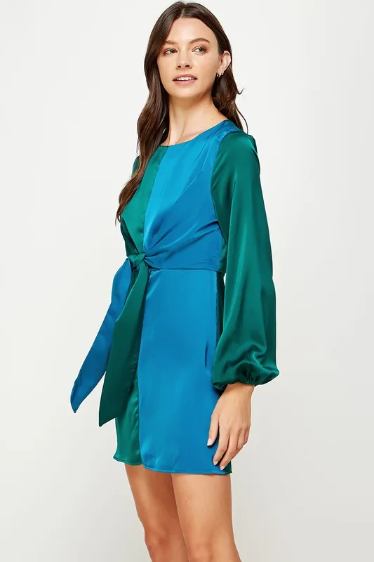 Alpine Green/Deep Color Block Front Tie Satin Mini Dress