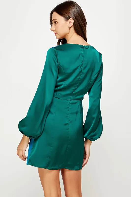 Alpine Green/Deep Color Block Front Tie Satin Mini Dress