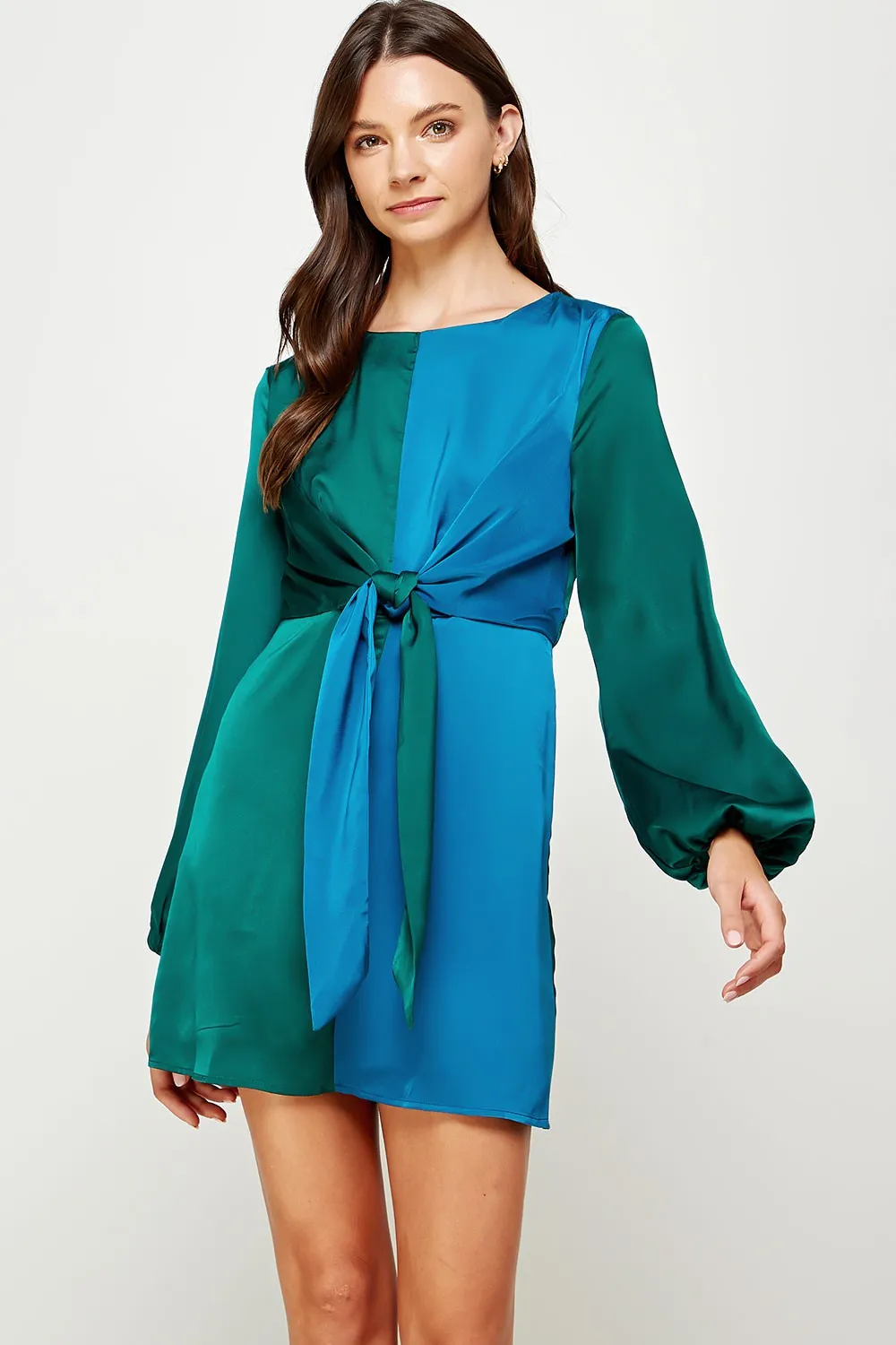 Alpine Green/Deep Color Block Front Tie Satin Mini Dress