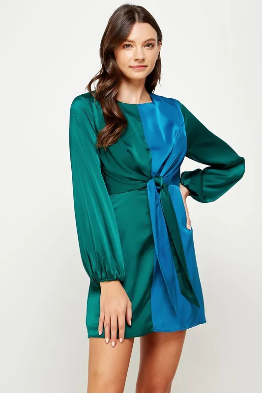 Alpine Green/Deep Color Block Front Tie Satin Mini Dress