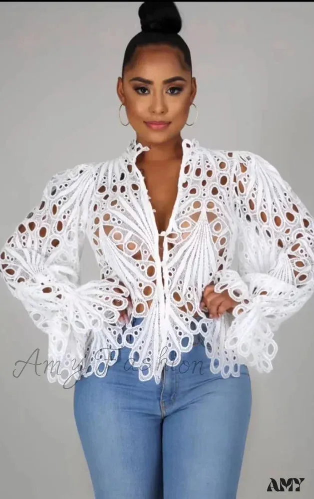 Amy Fashion - Elegant Lace See Though Ruffles Lantern Blouse