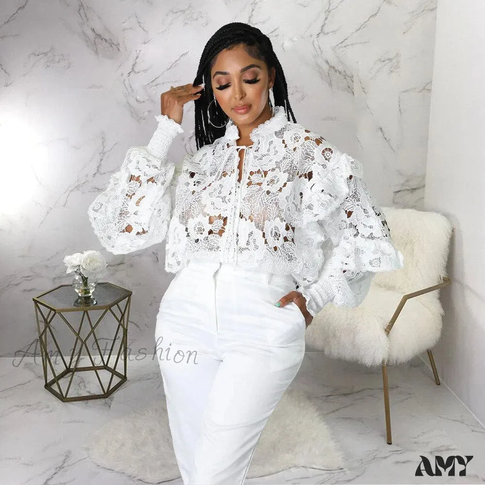 Amy Fashion - Elegant Lace See Though Ruffles Lantern Blouse