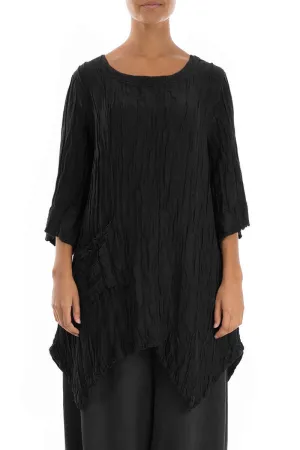 Asymmetric Crinkled Black Silk Linen Tunic