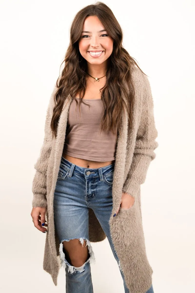 Be Clever Curl Up and Get Cozy Hooded Cardigan, Taupe