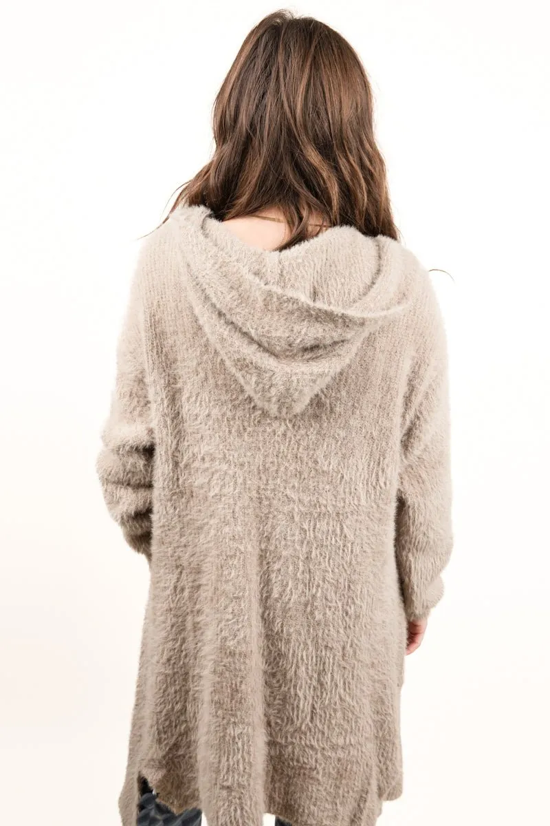 Be Clever Curl Up and Get Cozy Hooded Cardigan, Taupe