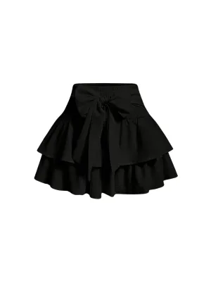 BEAUDRM Women's Bow Front Mini Skirt High Shirred Waist Layered Ruffle Hem Short Cake Skirts Black Small