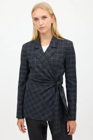 Black & Blue Wool Plaid Gathered Blazer