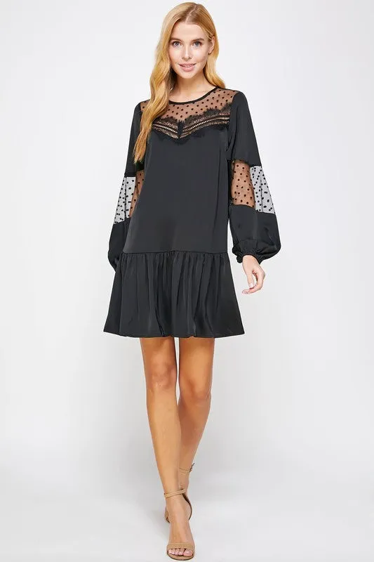 Black Satin Dress With Polka-dot Mesh Trim