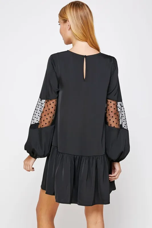 Black Satin Dress With Polka-dot Mesh Trim