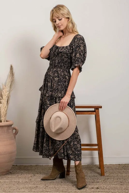 Black Square Neck Puff Sleeve Midi Dress