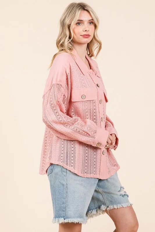 Blush Lace Long-Sleeve Button-Down Shirt