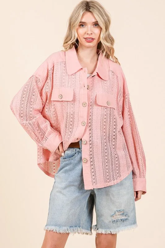 Blush Lace Long-Sleeve Button-Down Shirt