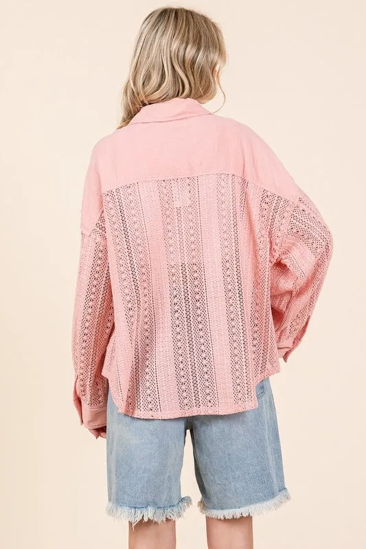 Blush Lace Long-Sleeve Button-Down Shirt