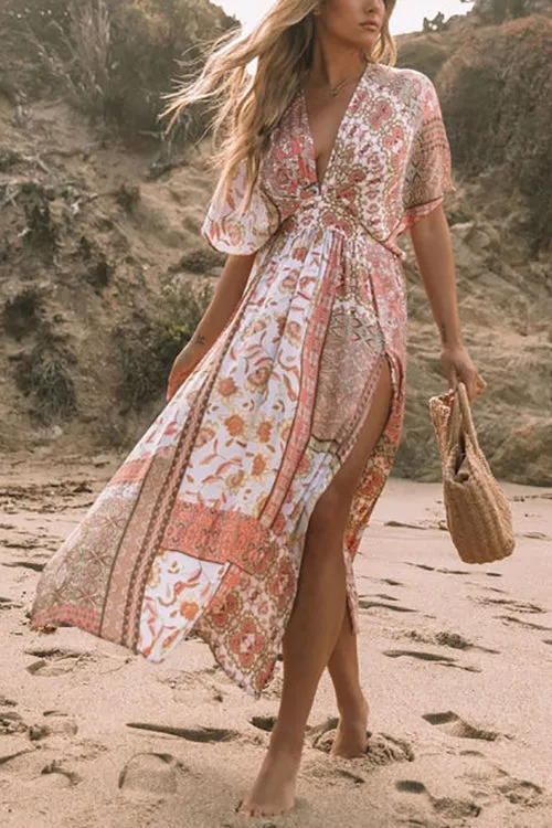 Boho Print Bat Slit Maxi Dress