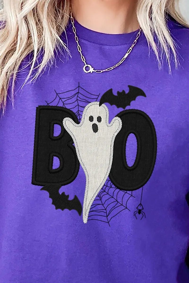 Boo Ghost Faux Embroidery Transfer Short Sleeve Relaxed Fit T-Shirt