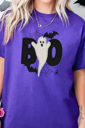 Boo Ghost Faux Embroidery Transfer Short Sleeve Relaxed Fit T-Shirt