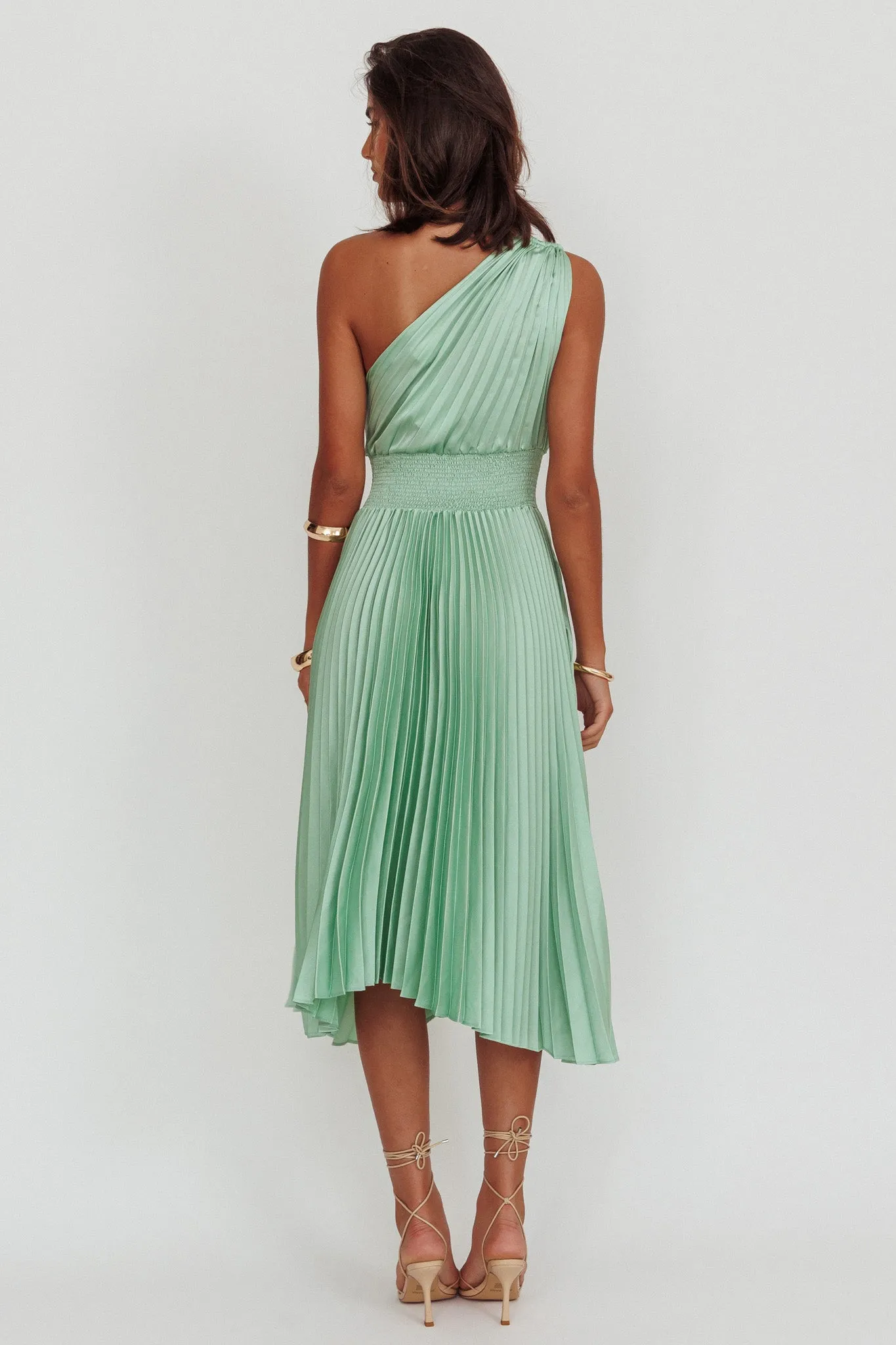 Calissa One Shoulder Pleated Midi Dress Sage