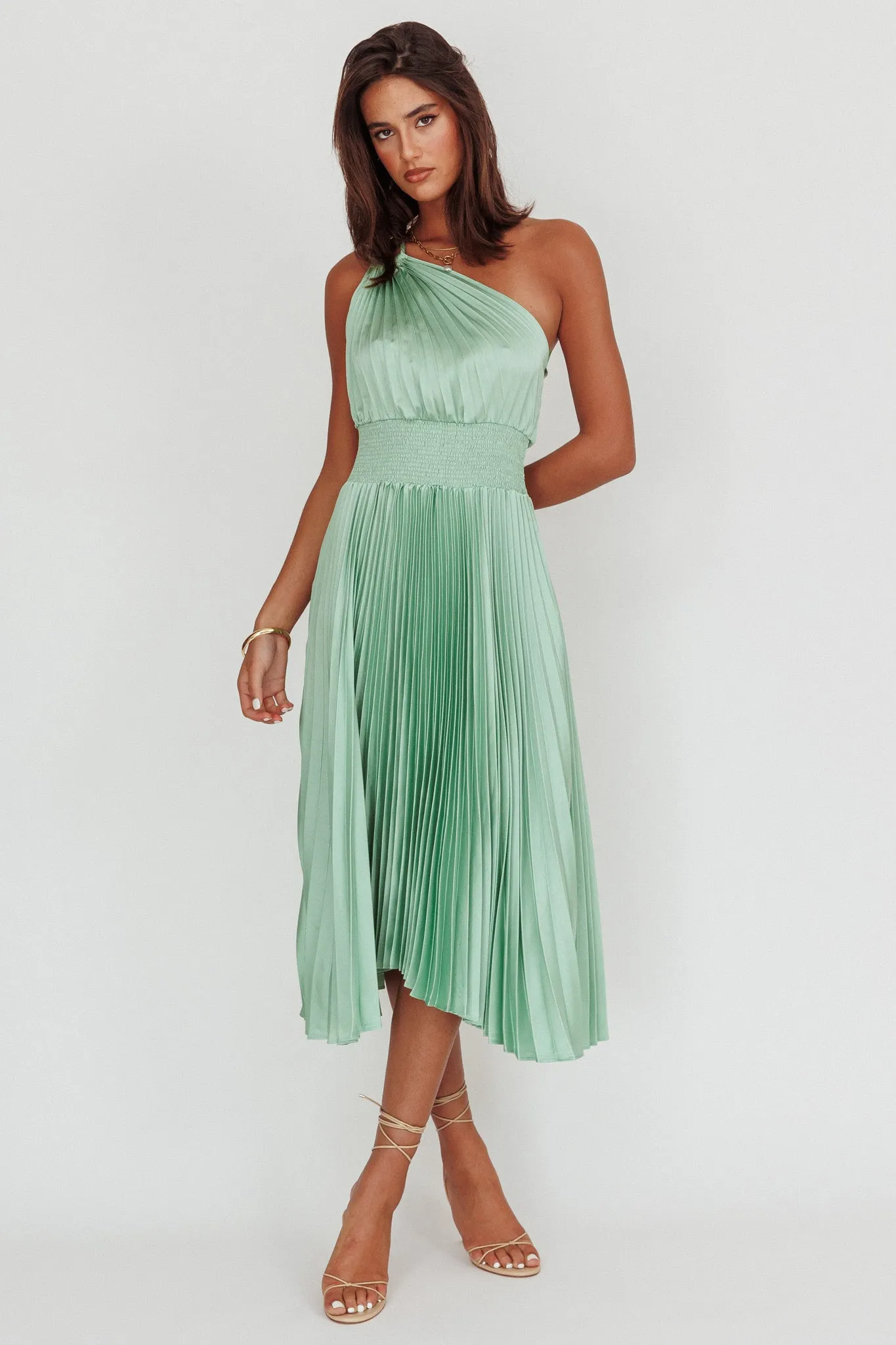 Calissa One Shoulder Pleated Midi Dress Sage