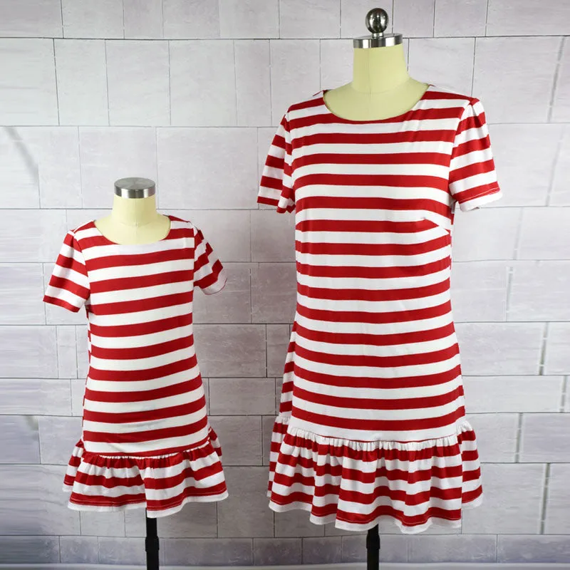 Casual Striped Short Sleeve Parent-child Dresses For Mother & Daughter