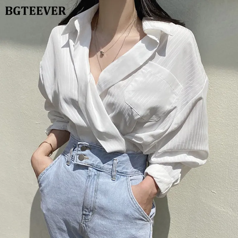 Christmas Gift Joskaa Chic Pockets Striped Women Shirts Summer Autumn V-neck Loose Female Blouse 2020 Elegant Ladies Tops Blusas Mujer