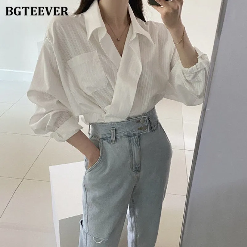 Christmas Gift Joskaa Chic Pockets Striped Women Shirts Summer Autumn V-neck Loose Female Blouse 2020 Elegant Ladies Tops Blusas Mujer