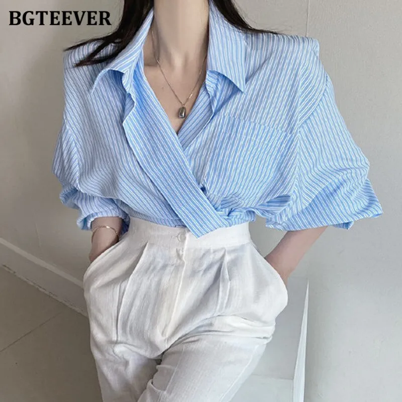 Christmas Gift Joskaa Chic Pockets Striped Women Shirts Summer Autumn V-neck Loose Female Blouse 2020 Elegant Ladies Tops Blusas Mujer