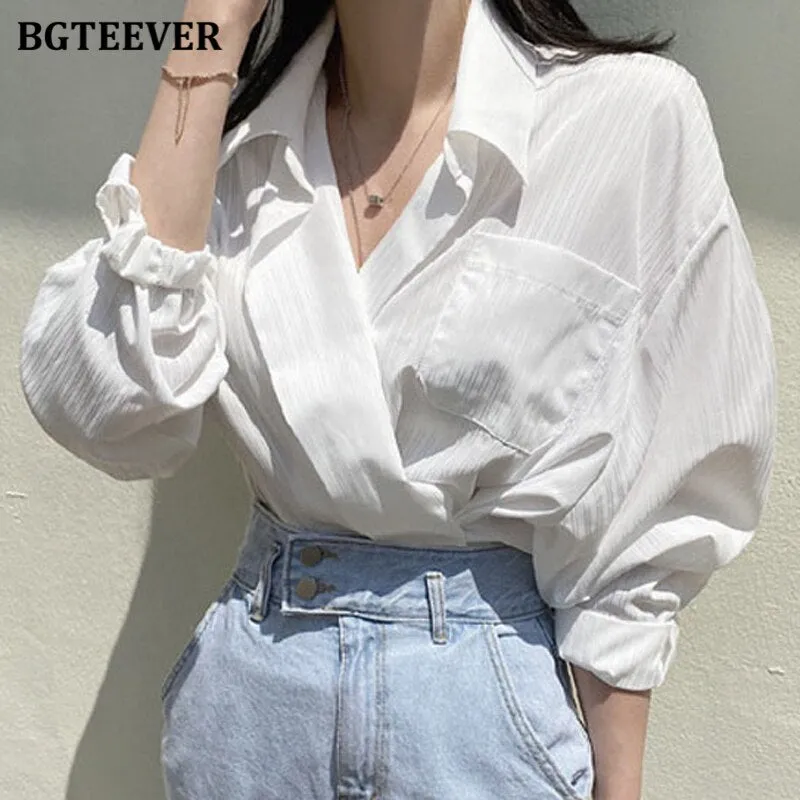 Christmas Gift Joskaa Chic Pockets Striped Women Shirts Summer Autumn V-neck Loose Female Blouse 2020 Elegant Ladies Tops Blusas Mujer