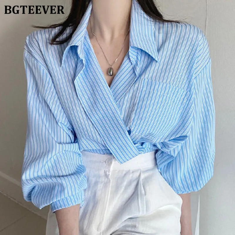 Christmas Gift Joskaa Chic Pockets Striped Women Shirts Summer Autumn V-neck Loose Female Blouse 2020 Elegant Ladies Tops Blusas Mujer