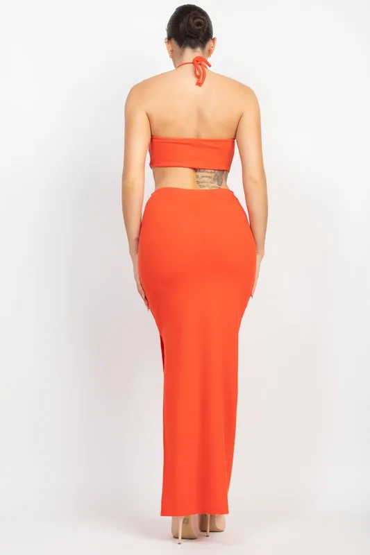 Coral Halter Neck Knot Cut-Out Maxi Dress