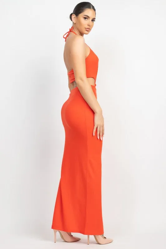 Coral Halter Neck Knot Cut-Out Maxi Dress