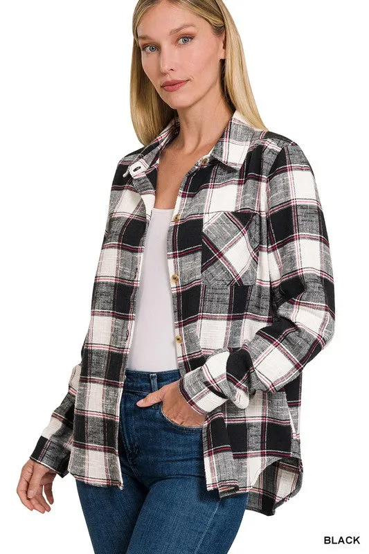 Cotton Plaid Shacket With Front Pocket