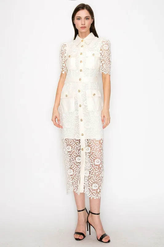 Cream Puff Short Sleeves Buttoned Flower Lace Midi Dress