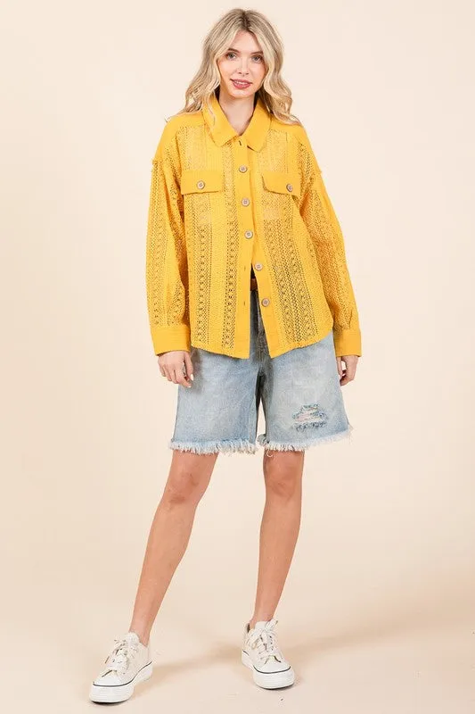 Dark Yellow Lace Long-Sleeve Button-Down Shirt