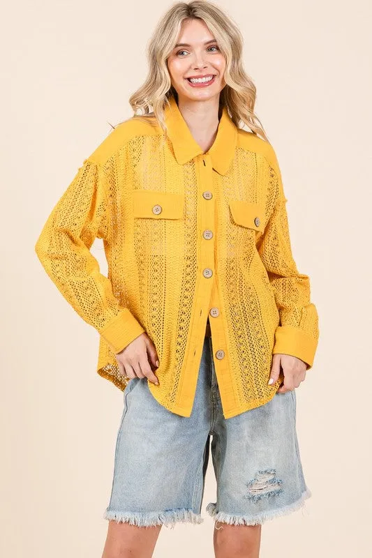 Dark Yellow Lace Long-Sleeve Button-Down Shirt