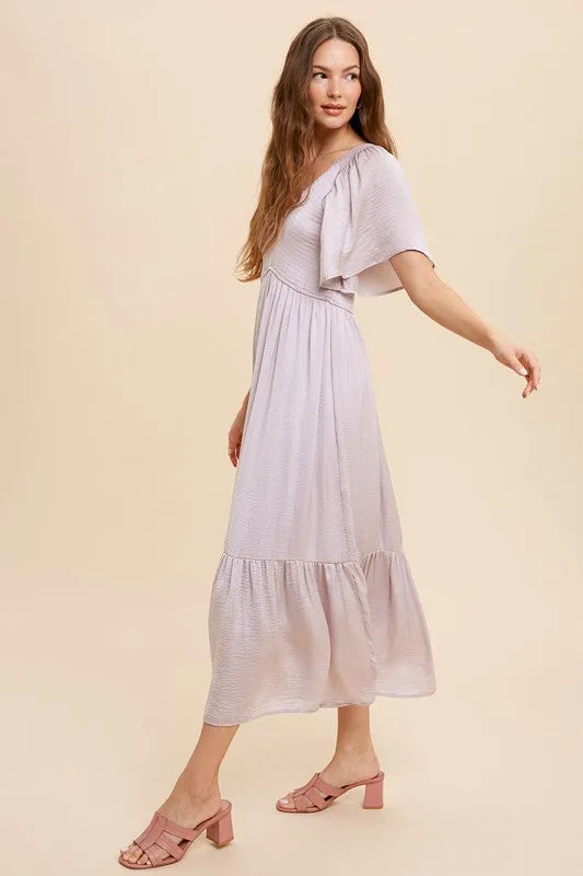 Dawn Grey Washed Satin Smocked Midi Dress