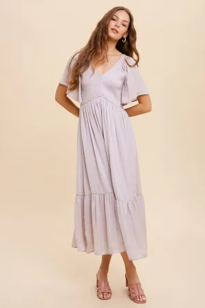 Dawn Grey Washed Satin Smocked Midi Dress