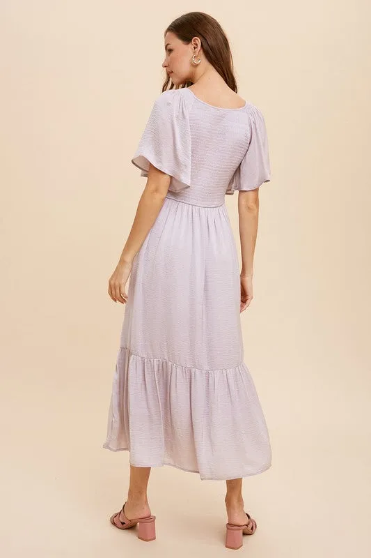 Dawn Grey Washed Satin Smocked Midi Dress