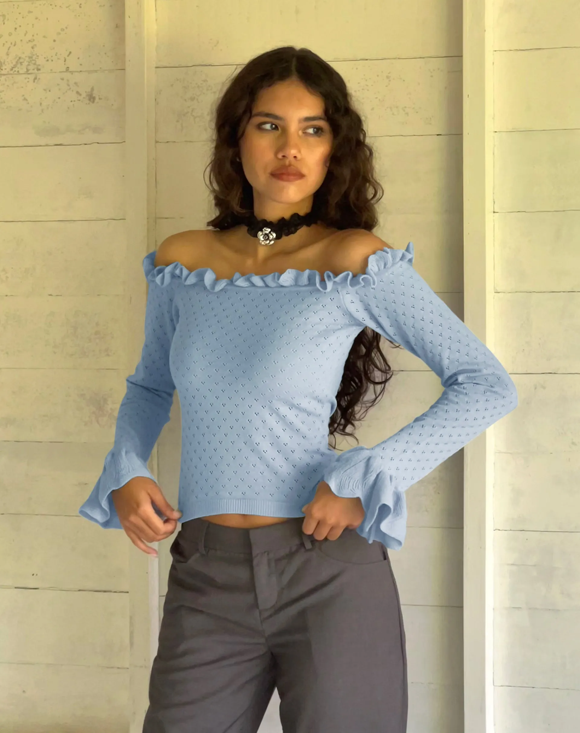 Delaney Knitted Frill Bardot Top in Baby Blue